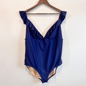 J.Crew Factory Ruffle V-Neck One-Piece Swimsuit Navy Blue 2X Resort Vacation EUC